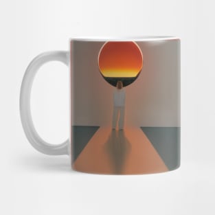 A girl standing on the road and looking at another world. Mug